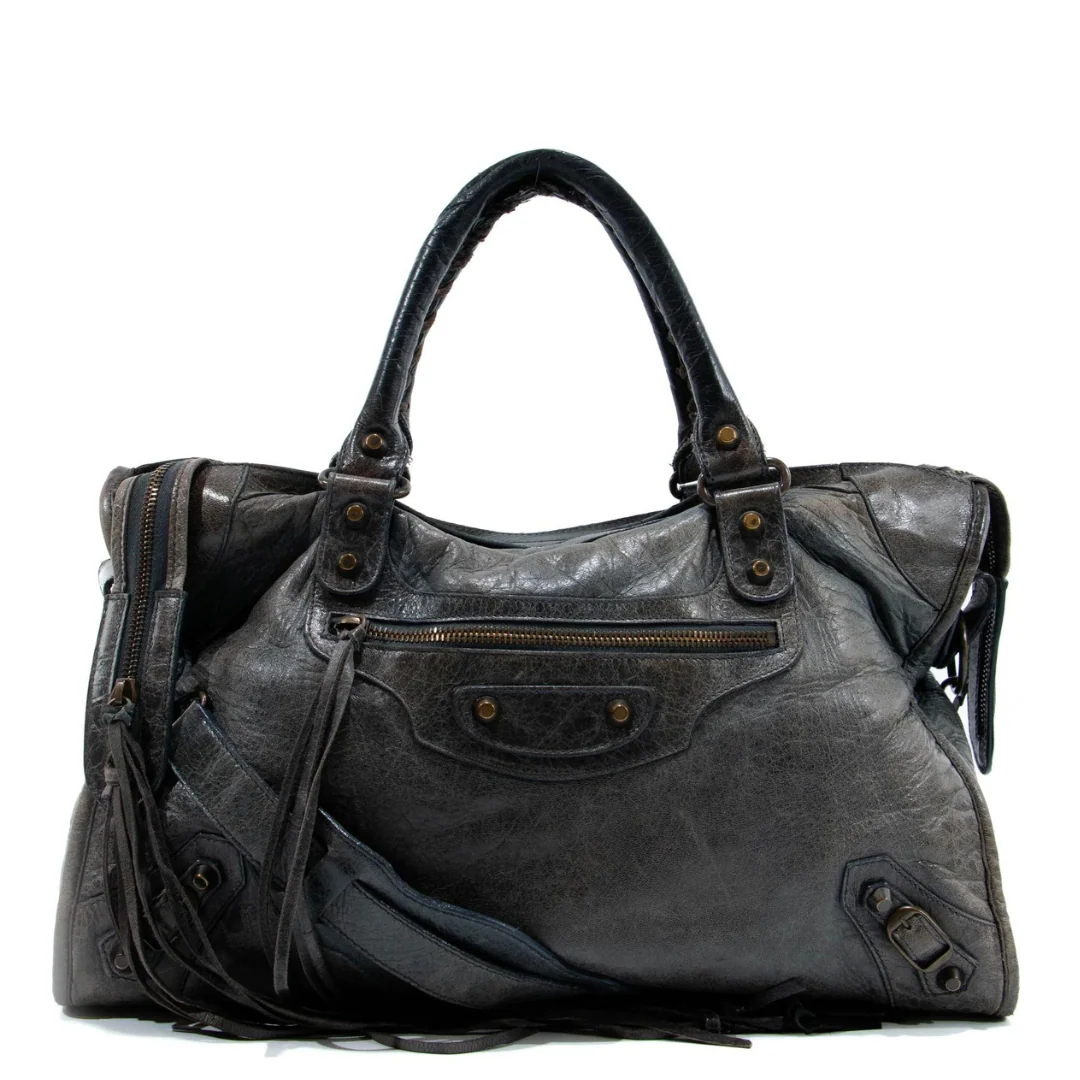Gris Fossile Lambskin Leather Motorcycle City Bag